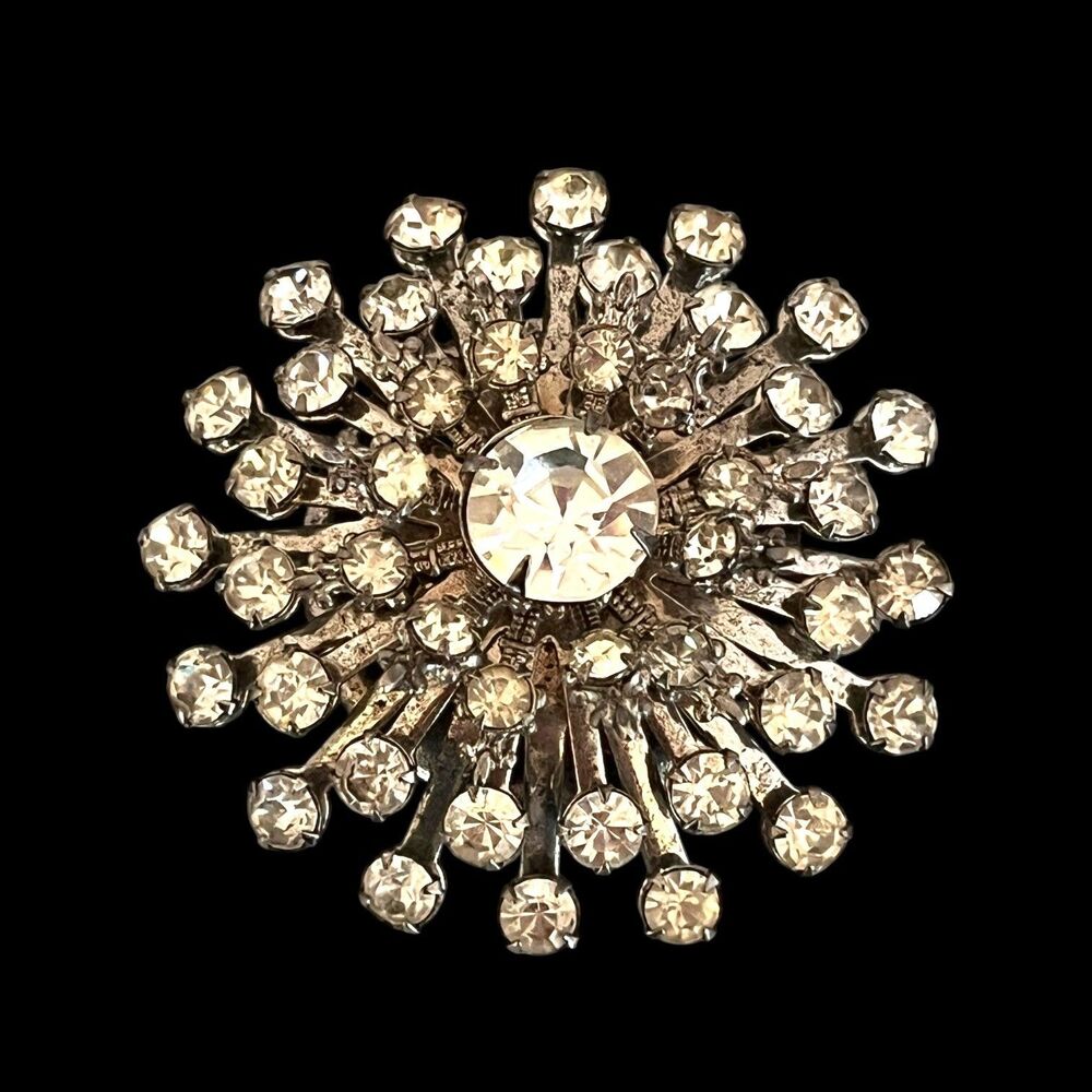 Vintage 1950s Clear Rhinestone Starburst Brooch Silver Tone - 10S